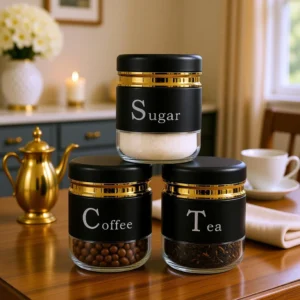 MinzAy Glass Tea Coffee & Sugar Container  - 350 ml (Pack of 3, Black, Transparent)